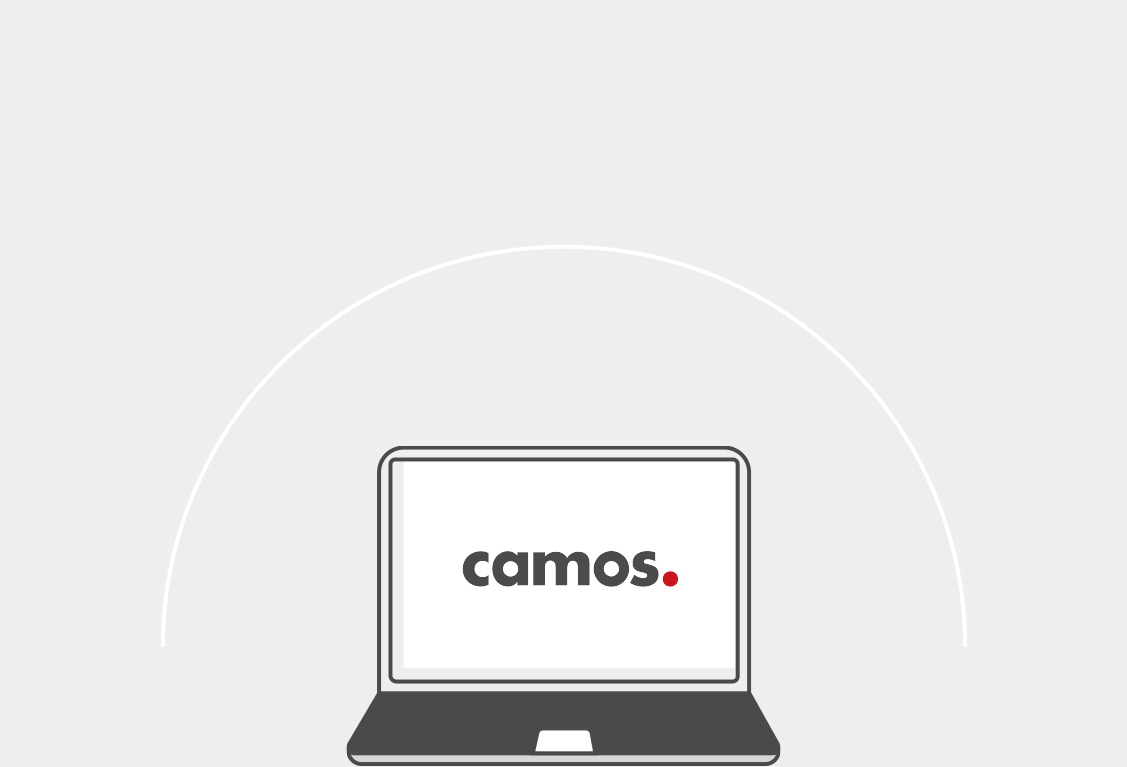 A laptop shows the camos logo. The interfaces are listed around the laptop: ERP, CRM, BI, PLM and CAD.